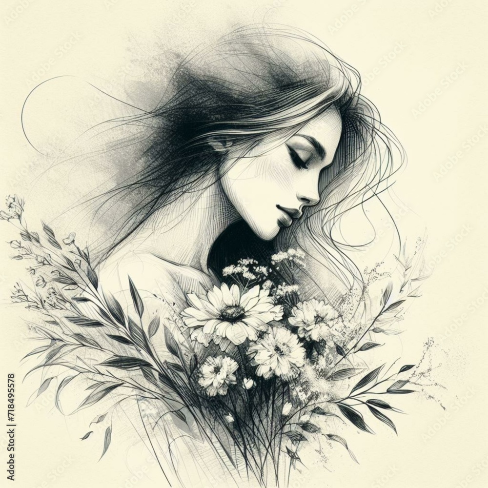 Dreamy Black And White Portrait Drawing of Woman with Flowers in Soft Artistic Style Dreamy Black And White Portrait Drawing of Woman with Flowers in Soft Artistic Style
