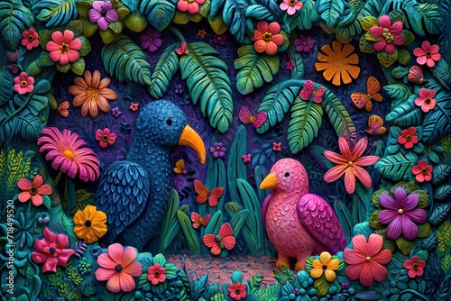 A whimsical painting of a colorful jungle filled with friendly animals, perfect for a child's room  © DilTheBest