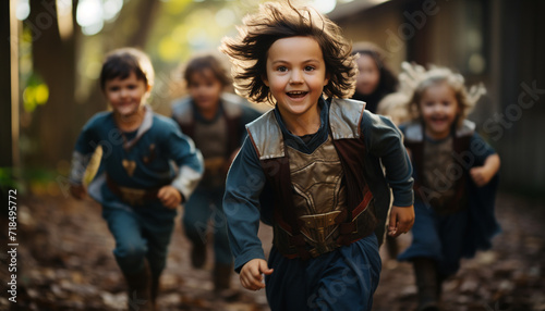 Smiling children enjoying nature, running and playing in the forest generated by AI