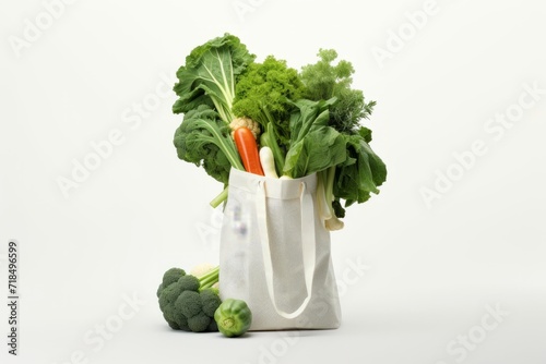 Eco-Friendly Market Bag Overflowing with Fresh Produce Including Broccoli, Kale, and Onions, on a White Surface, Generative AI