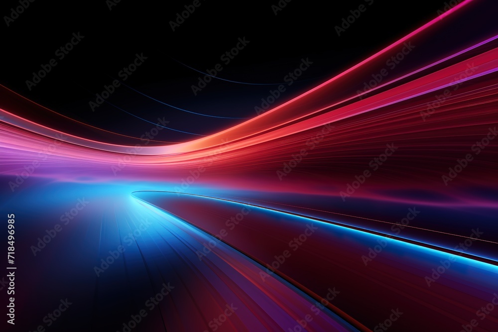 Neon red and blue speed lines. Speed ​​of acceleration and movement. Light trails, motion blur effect. Night illumination in blue and red. Generative AI