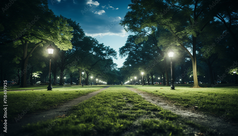 A tranquil meadow illuminated by the sunset, surrounded by trees generated by AI A tranquil meadow illuminated by the sunset, surrounded by trees generated by AI