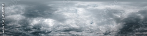 Dramatic overcast sky panorama with dark gloomy Cumulonimbus clouds. HDR 360 seamless spherical panorama. Sky dome in 3D, sky replacement for aerial drone panoramas. Weather and climate change concept photo
