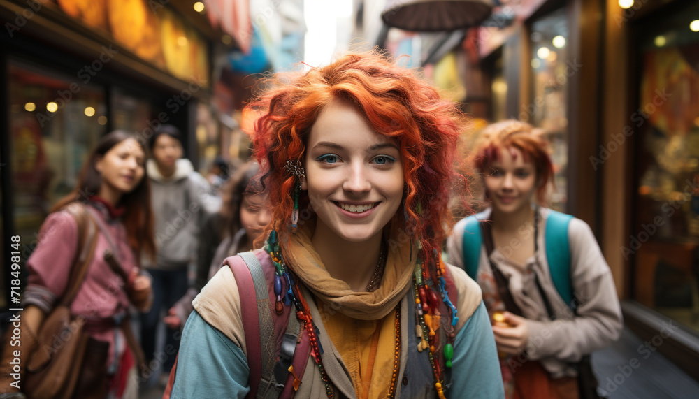 Smiling young women enjoying city life and friendship generated by AI