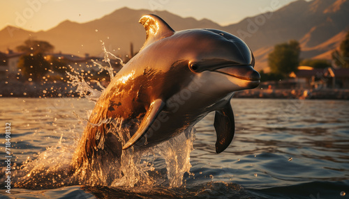 Playful dolphin splashing in the blue water at sunset generated by AI photo