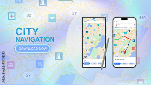 City Map Navigation. Location Map with City Street Roads web banner, panoramic flat GPS app on smart phone screen with pin, pinpoint and map. Panorama landscape Vector.