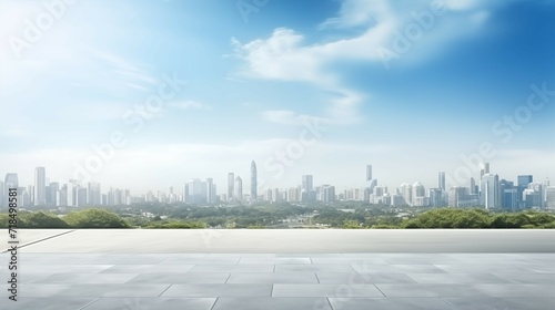 A tranquil viewpoint of a city skyline in the background. 
