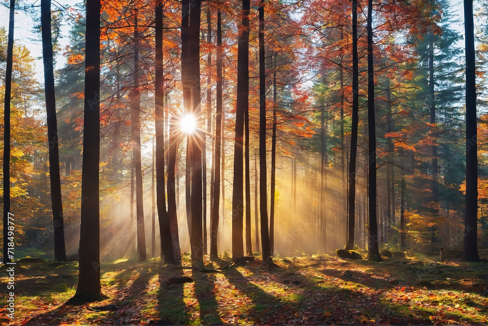 Fototapeta premium Tyndall phenomenon light produced by sunlight entering a dense forest
