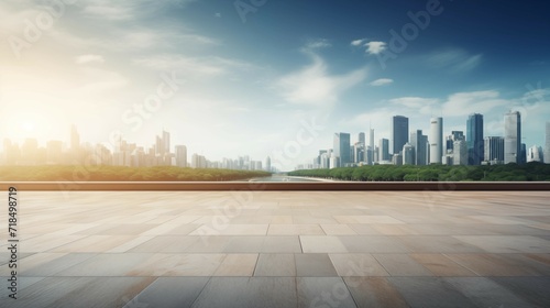 A tranquil viewpoint of a city skyline in the background. 