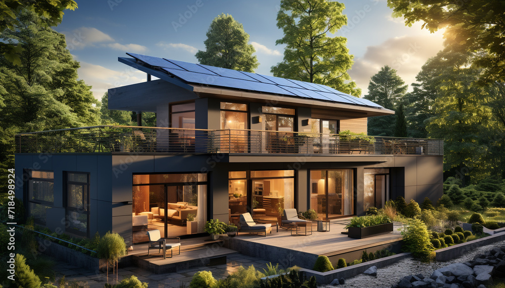 Modern architecture outdoors, design grass building exterior window nature summer dusk table tree plant generated by AI Modern architecture outdoors, design grass building exterior window nature summer dusk table tree plant generated by AI