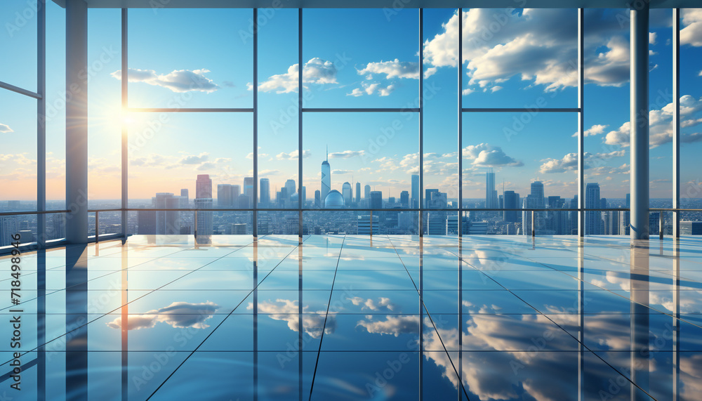 Fototapeta premium Modern cityscape with skyscrapers, reflecting blue sky and bright sunlight generated by AI