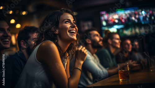 Young adults enjoying nightlife at a lively nightclub, smiling and happy generated by AI