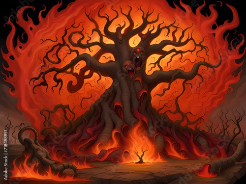 a cartoon illustration of a tree with a red background