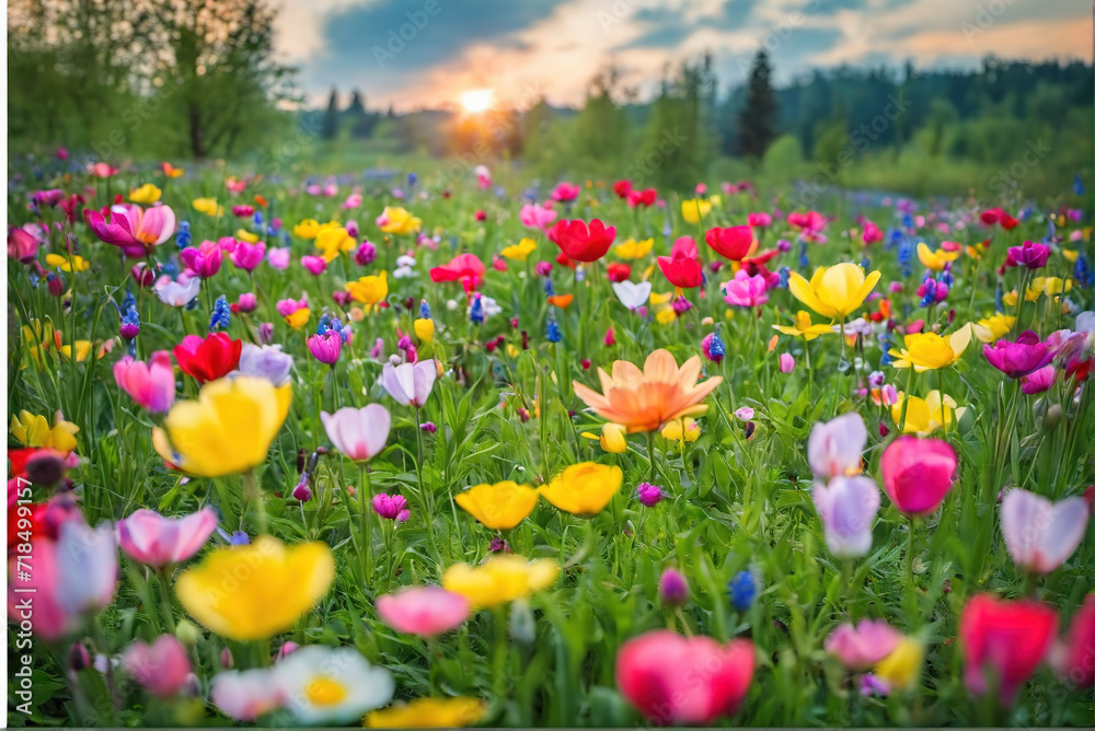 Obraz premium A colorful field of tulips outdoors in the mountains