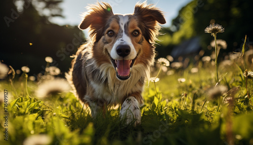 Cute puppy running in the grass, enjoying the sunny outdoors generated by AI photo