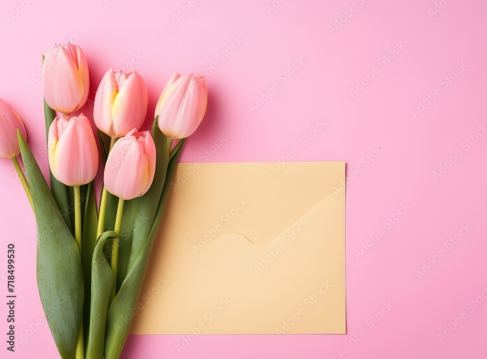 Fototapeta premium Note paper with beautiful flower decoration beside it on a wooden table. generative AI