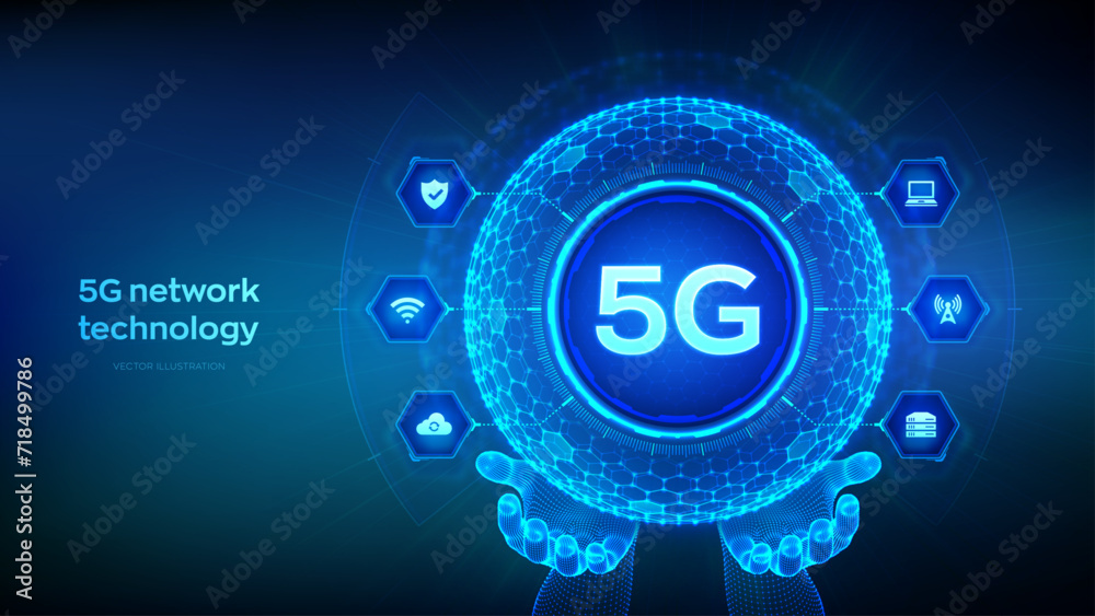 5G network wireless systems, internet of things technology concept in the shape of sphere with hexagon grid pattern in wireframe hands. 5G wireless mobile internet wifi connection. Vector Illustration
