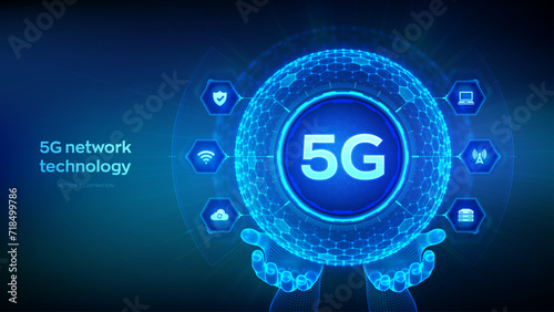 5G network wireless systems, internet of things technology concept in the shape of sphere with hexagon grid pattern in wireframe hands. 5G wireless mobile internet wifi connection. Vector Illustration