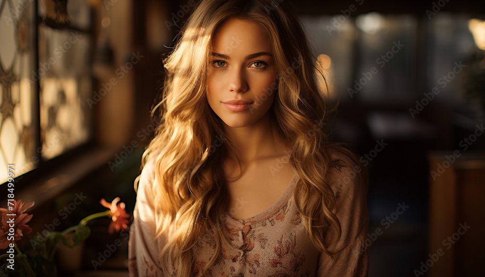 Beautiful woman with long blond hair looking at camera indoors generated by AI