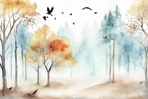 Watercolor painting of autumn forest landscape and flying birds