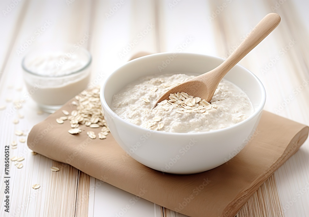 Oatmeal in a white bowl with strawberries decorated on the side. generative AI Oatmeal in a white bowl with strawberries decorated on the side. generative AI
