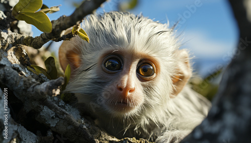 Cute small monkey sitting on branch, looking at camera outdoors generated by AI © Jemastock