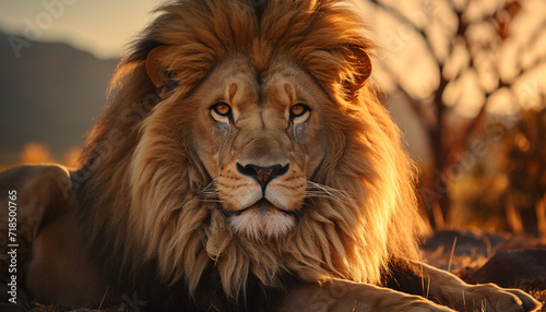 Majestic lion in the wild, resting under the African sunset generated by AI