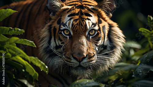 Majestic Bengal tiger hiding in tropical rainforest, staring at camera generated by AI