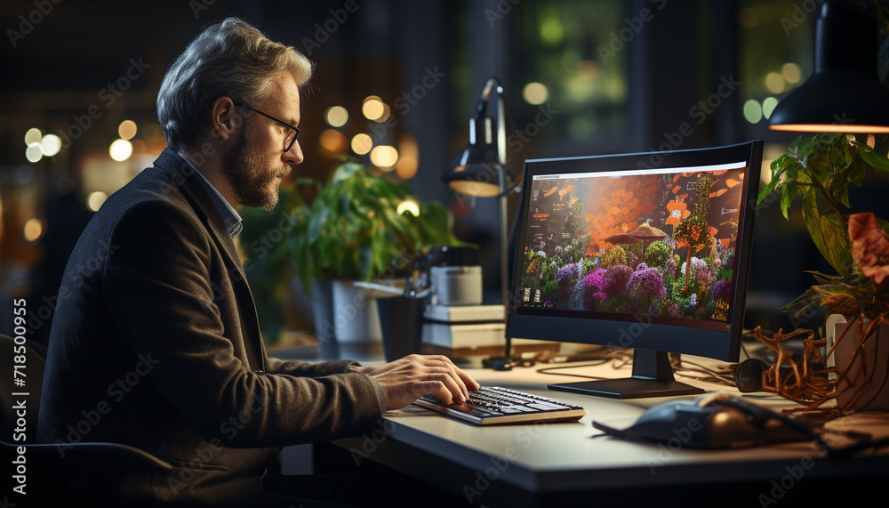 A mature businessman sitting at a desk, working on his laptop generated by AI A mature businessman sitting at a desk, working on his laptop generated by AI
