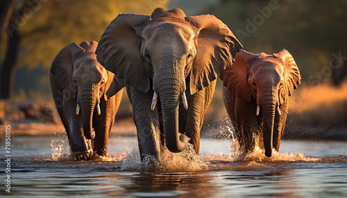 Large African elephant splashing in the tranquil sunset lit water generated by AI