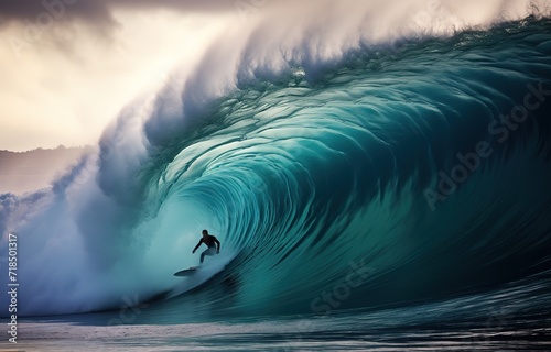 A person who is surfing a big ocean wave. generative Ai © original logo