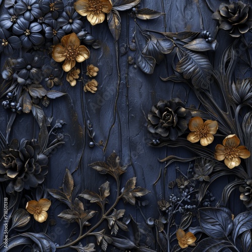 Black Floral Background with Gold Foil Elements and Flowers in the Style of Epic Fantasy Scene Dark Gray and Dark Azure Canvas Abstraction Flowers Background created with Generative AI Technology