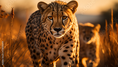 Cheetah walking in the savannah, majestic beauty in nature generated by AI