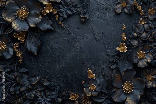 Black Floral Background with Gold Foil Elements and Flowers in the Style of Epic Fantasy Scene Dark Gray and Dark Azure Canvas Abstraction Flowers Background created with Generative AI Technology