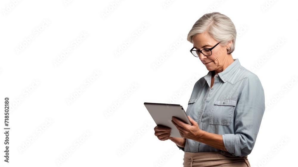 A Portrait of an elderly woman, confident elderly female farmer Wearing apron, holding tablet, checking work on empty space on isolated white transparent background, agriculture and technology. A Portrait of an elderly woman, confident elderly female farmer Wearing apron, holding tablet, checking work on empty space on isolated white transparent background, agriculture and technology.