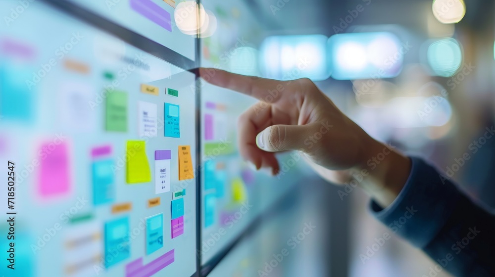 Agile software development scrum methodology boards. workflow, Finger touching virtual interface.AI generative Agile software development scrum methodology boards. workflow, Finger touching virtual interface.AI generative