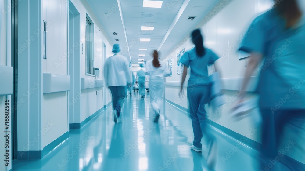 doctors and nurses walking in hospital with blurred motion. generative ai