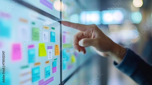 Agile software development scrum methodology boards. workflow, Finger touching virtual interface.AI generative