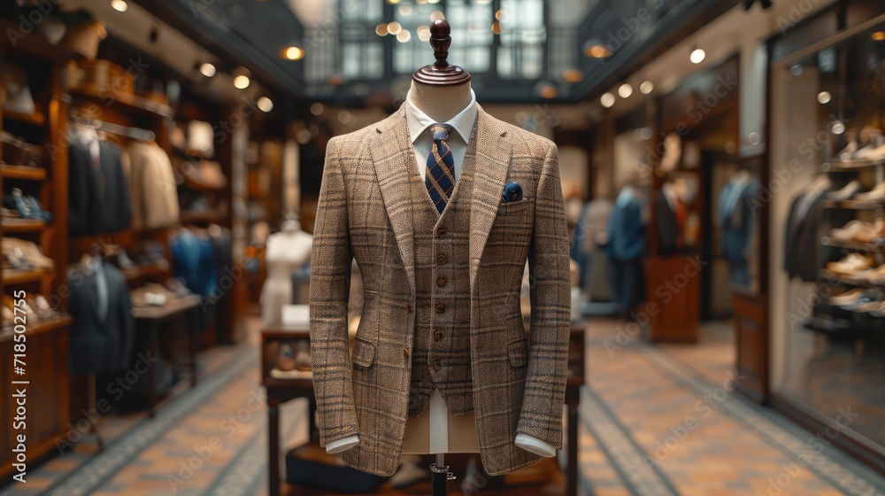 Elegant Business Attire: Beige Suit on Mannequin, Boutique Display in Mall, Professional Fashion, Stylish Businesswear, Classic Elegance, Mall Shopping, Sophisticated Men's Fashion, Tailored Suit Show