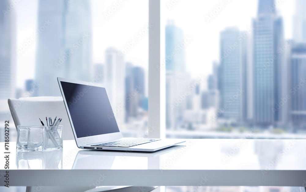 A laptop is photographed indoors with tall buildings in the background. generative AI