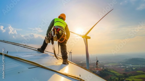 the engineer maintenance wind turbine blades at high altitude. generative ai