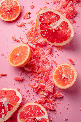 A minimalist still life flat lay featuring red painted grapefruits artistically arranged to appear as if exploding on a bright pink pastel background.