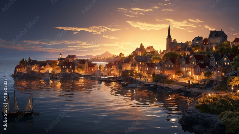 Dreamlike coastal town at sunset, the houses glowing with soft lantern light, reflected on the water's edge