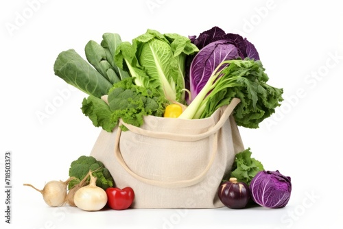 Market Bag Laden with Vibrant Vegetables Like Cabbage, Eggplant, and Radishes, on an Isolated White Background, Generative AI