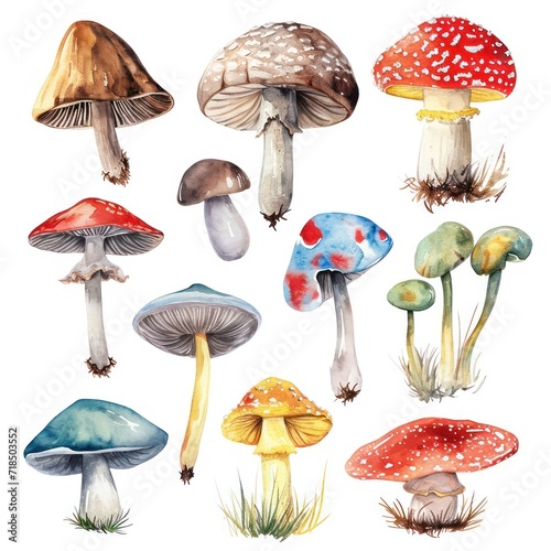 Watercolor Mushrooms Clipart illustration in various colorful variations photo