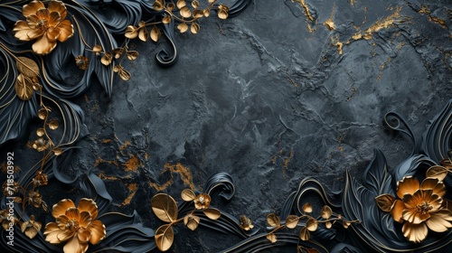 Black Floral Background with Gold Foil Elements and Flowers in the Style of Epic Fantasy Scene Dark Gray and Dark Azure Canvas Abstraction Flowers Background created with Generative AI Technology #718503992