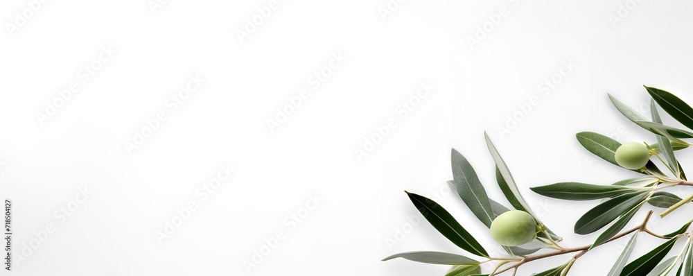 Olive fruit twig with year still green in photo on white background. generative AI Olive fruit twig with year still green in photo on white background. generative AI