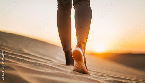 Woman's bare feet grace desert sands at sunset, embodying wanderlust and the warmth of summer exploration