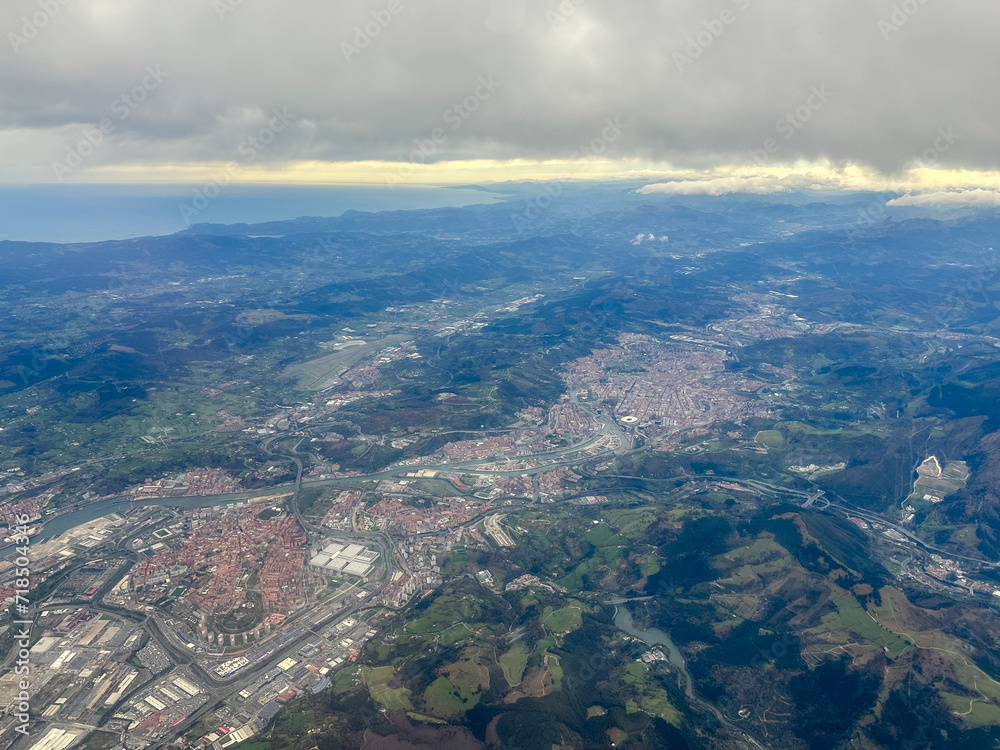 Bilbao, Spain - January 2, 2024: Aerial views of Bilbao and the surrounding region
