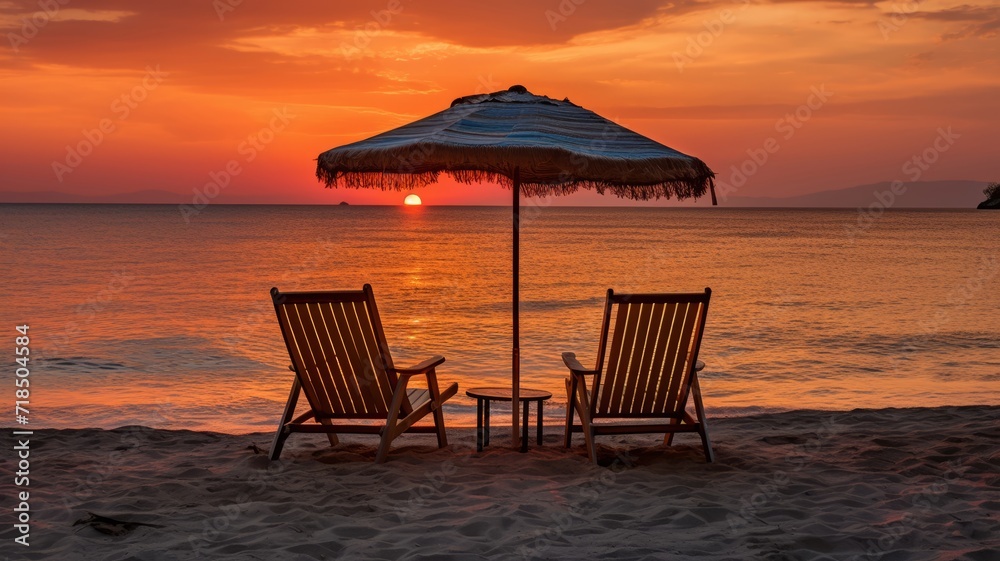 Romantic coastal twilight, two sun loungers deserted under a rustic umbrella, the horizon aflame with the sun's final performance of the day